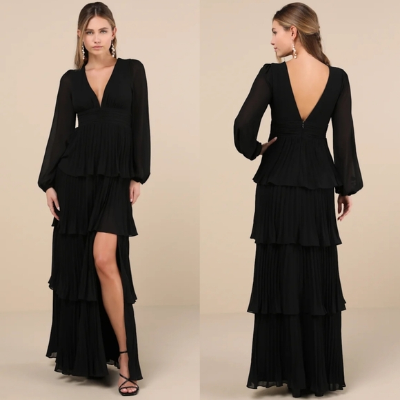 Lulus Graceful Finesse Black Pleated Long Sleeve Maxi Dress Wedding Party Formal - Picture 1 of 8